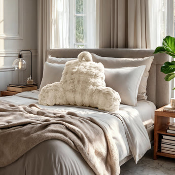 Bedrest Pompom Beige – Luxe Faux Fur Rugsteunkussen met Pompom (34x50 cm) - Dromen & Wonen
